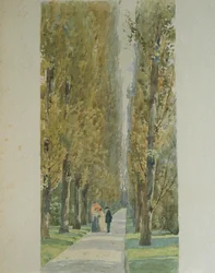 Giuseppe Verdi conversing with friends along the tree-lined avenue at his villa in Sant