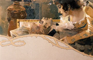 Postcard illustrated by Leopoldo Metlicovitz depicting scenes from Tosca, opera by Giacomo Puccini
