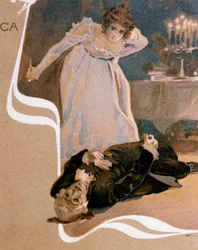 Postcard depicting scenes from Tosca, opera by Giacomo Puccini
