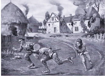 Sergeant Cooper and Two Comrades Dashing Off Under Enemy Fire After Setting Fire to a Farmhouse and Several Ricks
