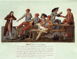 French Revolution of 1789: "A prison court on 2 and 3 September". Satirical representation of a revolutionary court, whose members have no jurisdiction in matters of justice and judge cases while drinking wine and smoking. Gouache by the Lesueur brothers