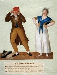 The red hat. A man wears the Phrygian cap at the time of the Revolution of 1789. Gouache by the Lesueur brothers. 18th century. Musée Carnavalet, Paris