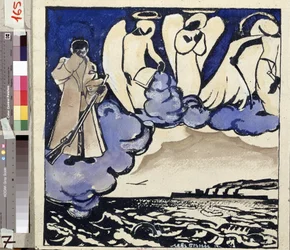 The War. Russia. 1914. Allegory of the First World War. A soldier and angels. Drawing and gouache by Lev Bruni