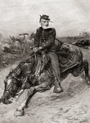A dispatch rider during the American Civil War, from The Century Magazine, published 1887