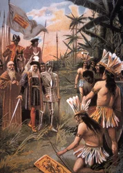 Columbus lands in the New World and meets the Indians