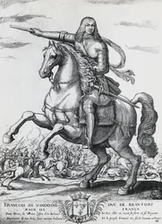 Equestrian Portrait of Francis of Bourbon-Vendome (1616-1669), Second Duke of Beaufort and French General, Engraving by Nicolas de La Fage