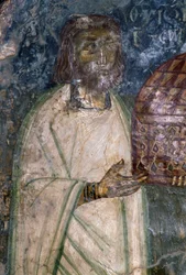 Fresco Buyer of Church of Agia Anna, Holding Model of Church, Fresco from 1642, Anisaraki, Crete, Greece