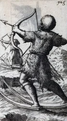 Hunter with bow and arrow on short skis, illustration from De Calceo Antiquo, by B Balduinus