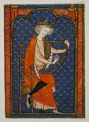 King David playing the harp, miniature from manuscript in Hebrew language