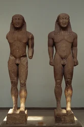 Kleobis and Biton, ca 610-590 BC, Parian marble statues, by Polymedes of Argos, dedicated to Delphi by the city of Argos, Greece, Greek civilization, 7th-6th century BC