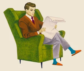 Man reading newspaper while sitting in armchair, drawing