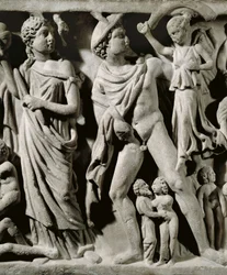 Marble sarcophagus, Relief depicting Prometheus myth, Detail, Hermes and one of the Fates, From Arles