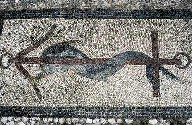Mosaic depicting dolphin and anchor, Delos island