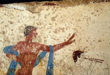 Procession with athlete, detail, fresco from Tomb of Diver, Paestum, Campania, Italy, Ancient Greek civilization, Magna Graecia, 3rd century BC