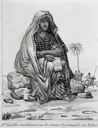 Rene Caillie, explorer wearing Arab clothes, meditating on the Qur