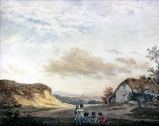 Rural landscape by Luke Howard with children playing by a cottage