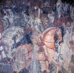 Saint on Horseback, Fresco in Church in Palaia Roumata, Crete, Greece