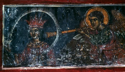 Saint playing the horn, fresco in the Church of Agios Ioannis Prodromos, Margarites, Crete, Greece