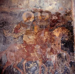 Saints on Horseback, Fresco in Church, Komitates, Crete, Greece