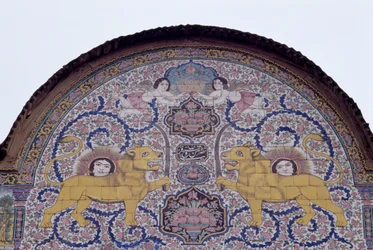 Sun and Lion, Royal Emblem of Qajar Dynasty, Polychrome Tile Decoration on Front of Qavam House