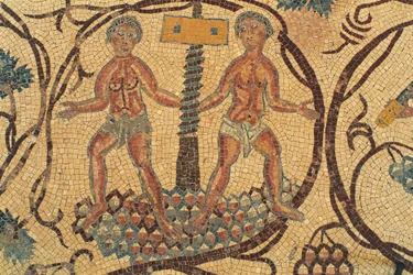 Wine screw-press, detail of floor mosaic with scenes of daily life, Church of Saints Lot and Procopius, Nebo, Khirbet al-Mukhayyat, Jordan, Byzantine civilization, 6th century AD