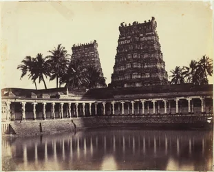 Madura. The Great Pagoda, Mootoo Alaghur and East Gopurum from Tank