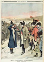 Napoleon Bonaparte presenting the female officer, Marie Schellinck with a medal on the battlefield