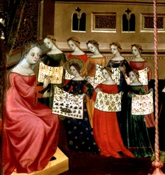 The Virgin Mary with her classmates showing needlework samplers to their teacher (detail)