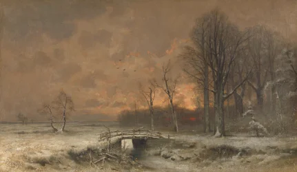 Winter Scene with the Sun Setting Behind Trees