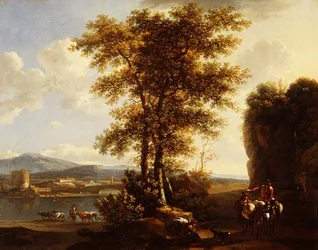 An Italianate wooded river landscape with travellers on a path, a herdsman with cattle and a town beyond
