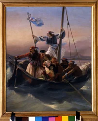 Greeks on a Ship Allegory of Greece Marching Towards Independence after the Ottoman Domination and the Greek War of Independence (1821-1830) or Greek Revolution. Painting by Ludovico Lipparini