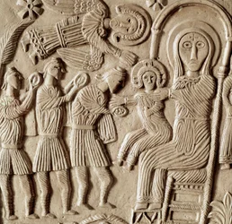 Archaeology of the Middle Ages. Barbarian art of Lombardy: Adoration of the Magi, low relief of the altar of Duke Rachis. Sculpture, Lombard art, 737-744. Cividale del Friuli, Christian Museum, cathedral treasury