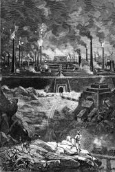 Drawing by Leon Benett, from the book of Jules Verne “The 500 million of the Begum” - edition Hetzel/Extraordinary Voyages 1879. View of the “Steel City”, gigantic set of factories