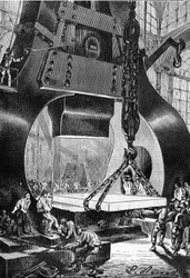 Drawing by Leon Benett, from the book of Jules Verne "The 500 million of the Begum" - edition Hetzel/Extraordinary Voyages 1879. Hammer drummer at work in a steel foundry.