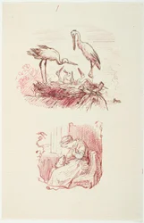 Foreground: Storks. Background: Seated Woman with a Frog on Her Lap