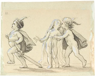 Vignette with Three Children; Running Boy and Boy and Girl Embracing