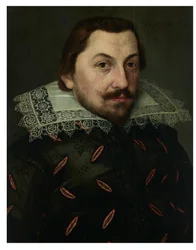 Portrait of a man, bust-length, in a black slashed silk doublet with a Puntonari lace standing collar