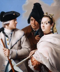A Gentleman in a Tricorn Hat Holding a Cane, a Gentleman in a Black Phrygian Bonnet and a Young Woman with a Mouche in a Red Dress