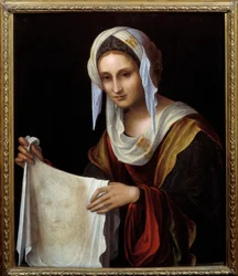 Saint Veronica. The Holy Veil represents the face of Christ, whose sweat Veronica was said to have wiped during the climb to Calvary. Painting by Lorenzo Costa (1460-1535). Dimensions: 0.64 x 0.54 m.