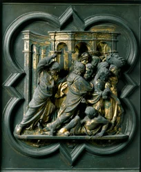 North Gate (called Gate of the Cross, in the North), exterior detail: Jesus chasing merchants from the Temple. Bronze sculpture made by Lorenzo Ghiberti