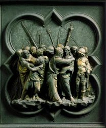 North Gate (called the Gate of the Cross in the north), exterior detail: “The Kiss of Judas”. Bronze sculpture made by Lorenzo Ghiberti (1378-1455)