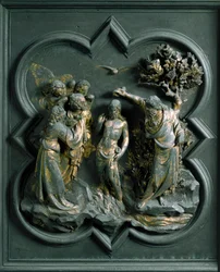 North Gate (called Gate of the Cross, in the North), exterior detail: The Baptism of Christ (Bronze sculpture by Lorenzo Ghiberti)