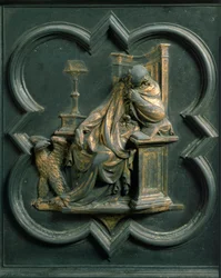 North Gate (called Gate of the Cross, to the North), exterior detail: Saint John Evangelist. Bronze sculpture made by Lorenzo Ghiberti