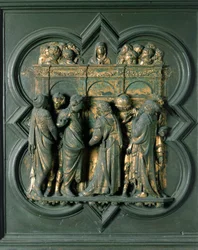 North Gate (called Gate of the Cross, in the North), exterior detail: Pentecost (Bronze sculpture by Lorenzo Ghiberti)