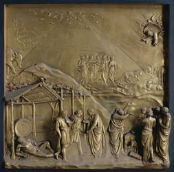 The Story of Noah: the Exodus from the Ark, the Drunkenness of Noah and his Sacrifice to God, one of ten relief panels from the Gates of Paradise (East doors), 1425-52