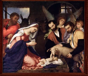 Adoration of the shepherds. The child Jesus plays with a sheep.
