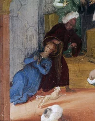 Santa Barbara being dragged by her hair in front of magistrate (detail)