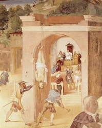 Scenes from the Life of St. Barbara, detail of St. Barbara handed over to the Roman Prelate, Marcian, and then tortured, 1523-24