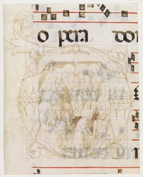 Christ washing the feet of the Apostles in an initial D, fragments of text, and musical staves