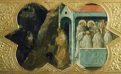 St Benedict being tempted by devil and St Bernardino in consistory (detail)